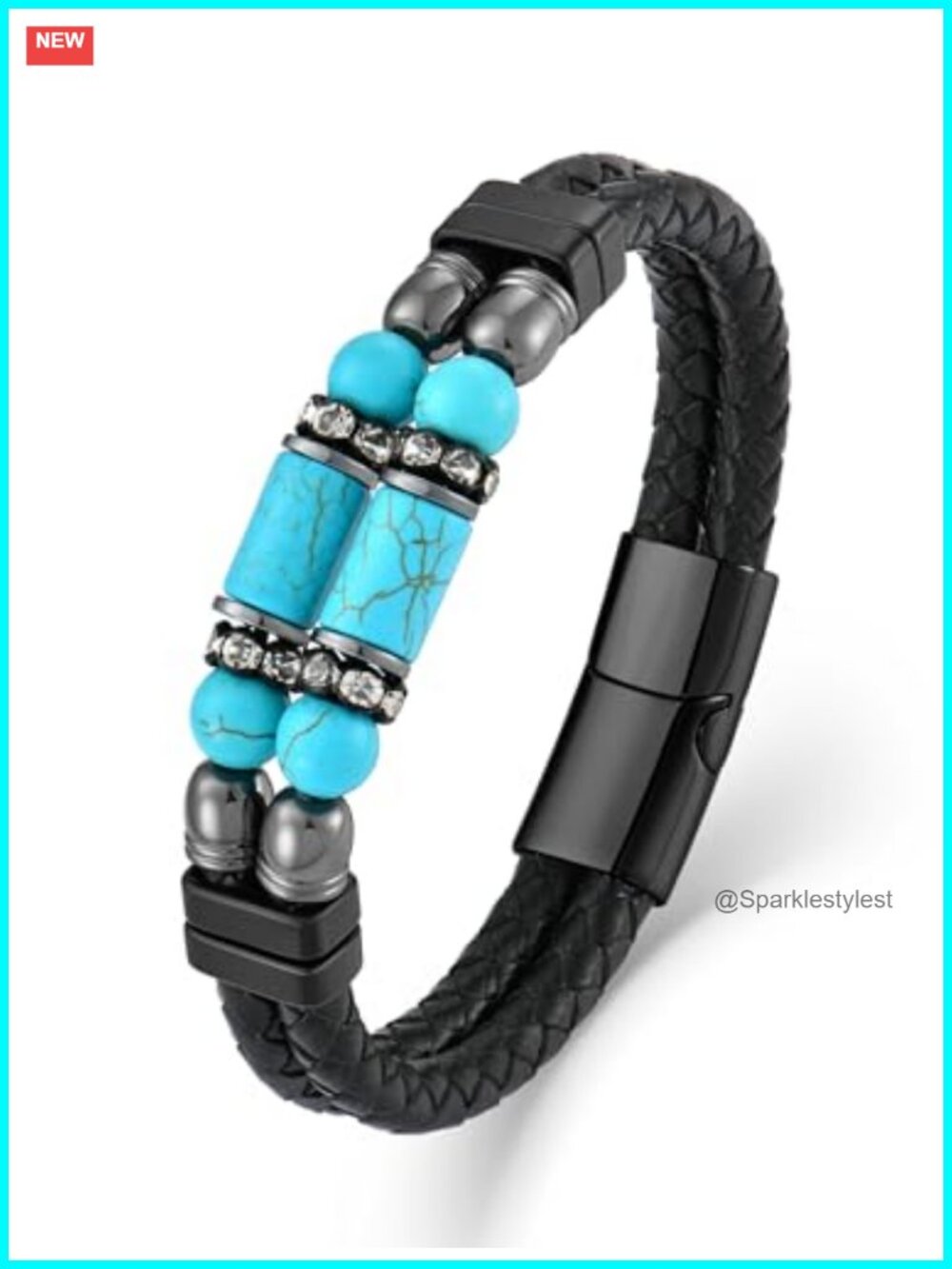 Men's Leather Turquoise Beaded Bracelet Braided Wristband 21cm